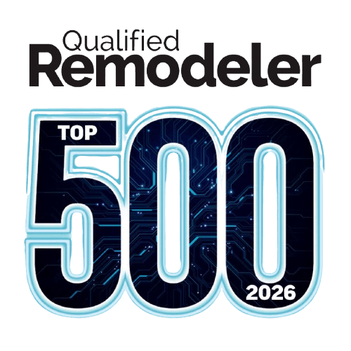 Qualified Remodeler Top 500 2026 award badge with neon blue glowing numbers on dark background